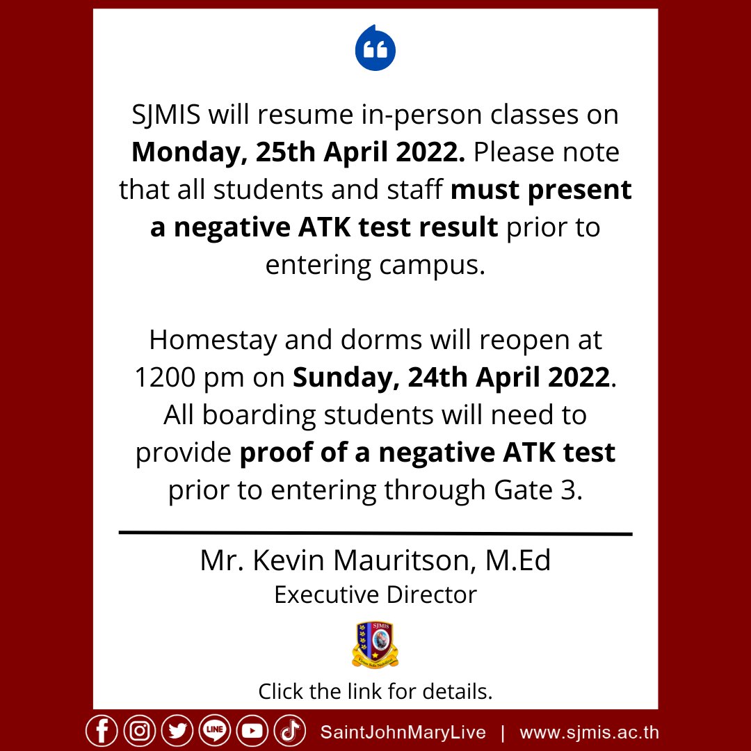 SJMIS will Resume in-person Classes after Songkran Break